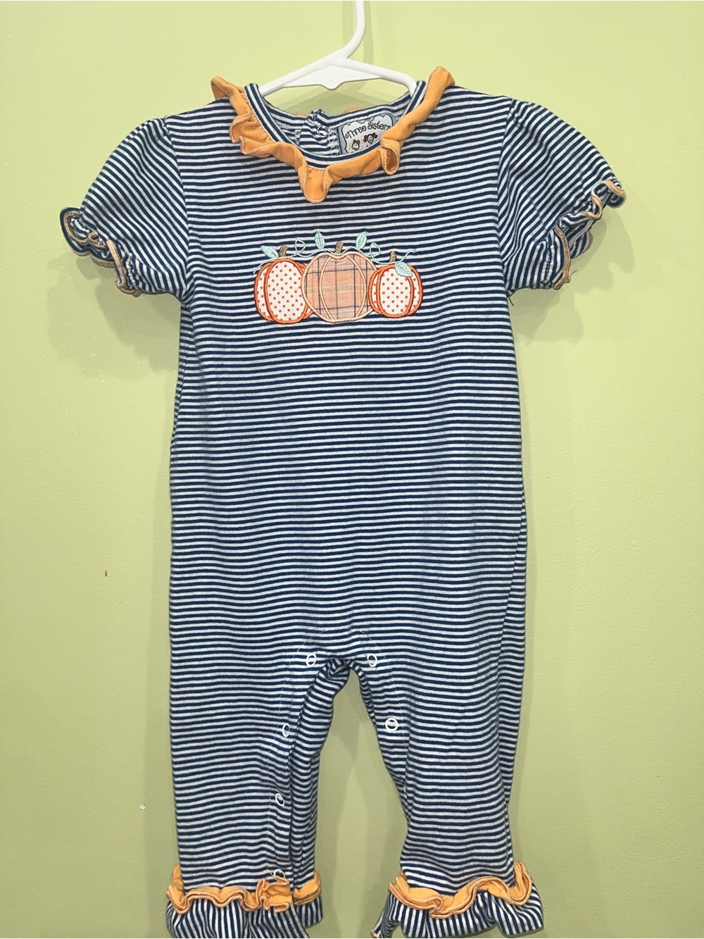 Three Sisters Girls Size 12 Month Blue Striped Pumpkin Embroidered Ruffle Romper
